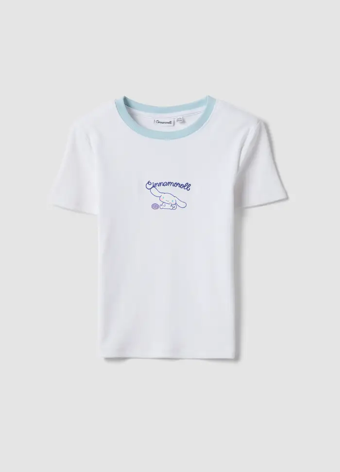 T-shirt Fitted Bianca In Cotone Elasticizzato Da Ragazza Con Ricamo, Bambina, Bianco
