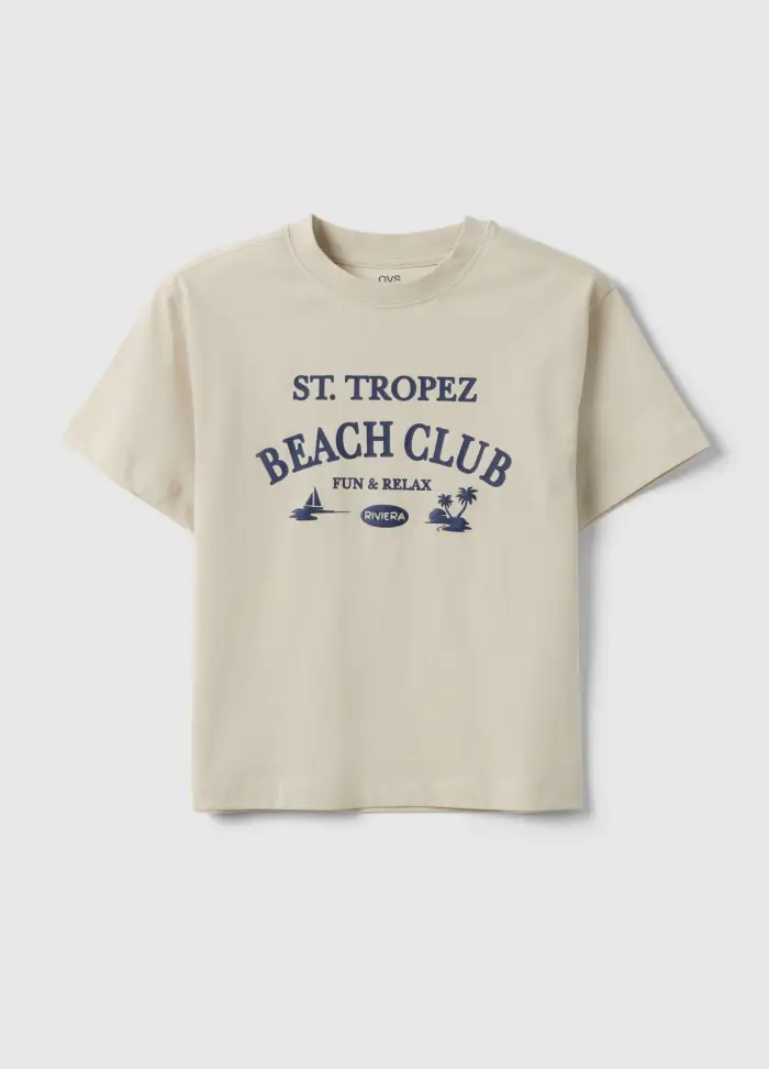OVS KIDS T-shirt In Puro Cotone Beige Da Bambino Oversize Fit Con Stampa, Beige