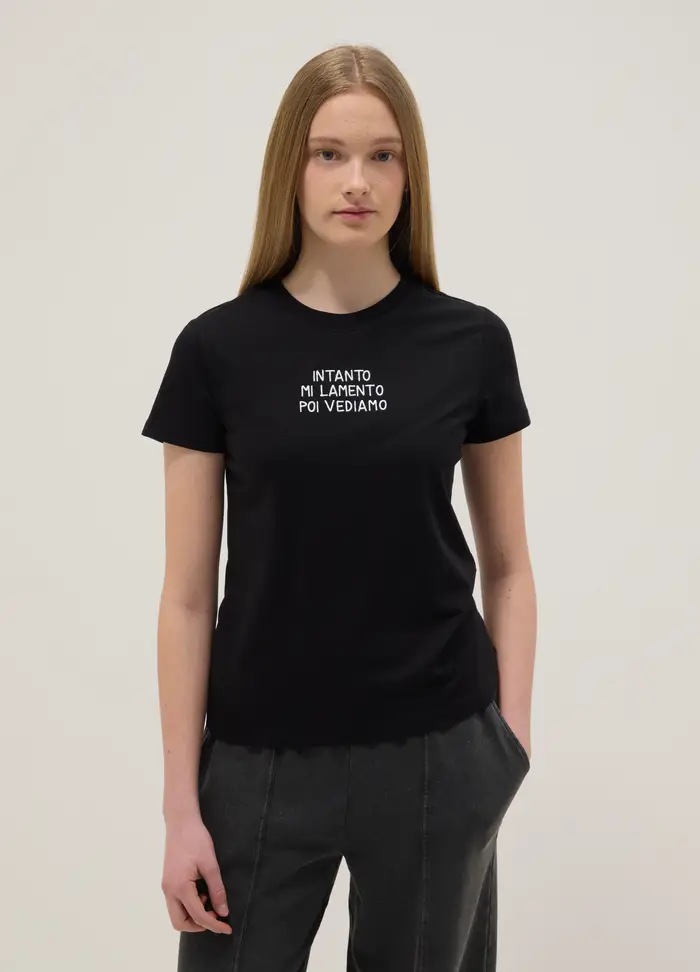 T-shirt In Puro Cotone Nera Da Ragazza Regular Fit Con Scritta, Bambina, Nero
