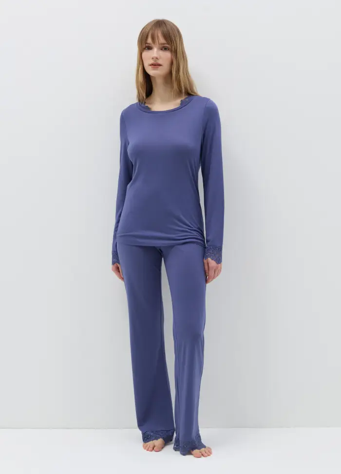 Pantalone Pigiama Con Inserto In Pizzo, Donna, Blu