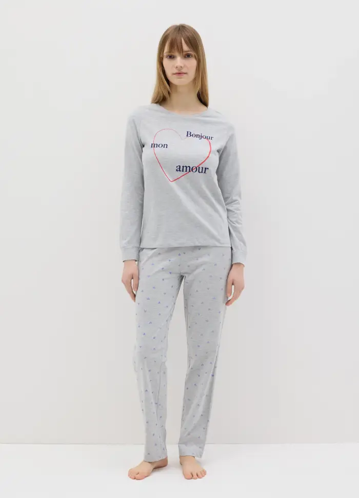 Pigiama Grigio In Puro Cotone Con Stampa "bonjour Mon Amour", Donna, Grigio