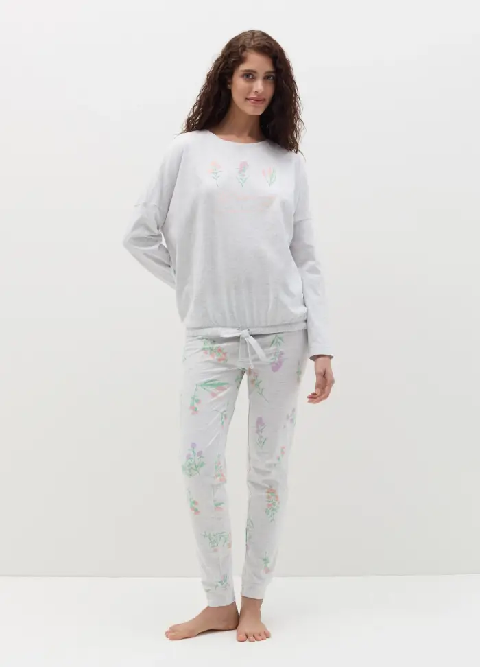 Pigiama Lungo Con Coulisse Stampa Fiori, Donna, Grigio