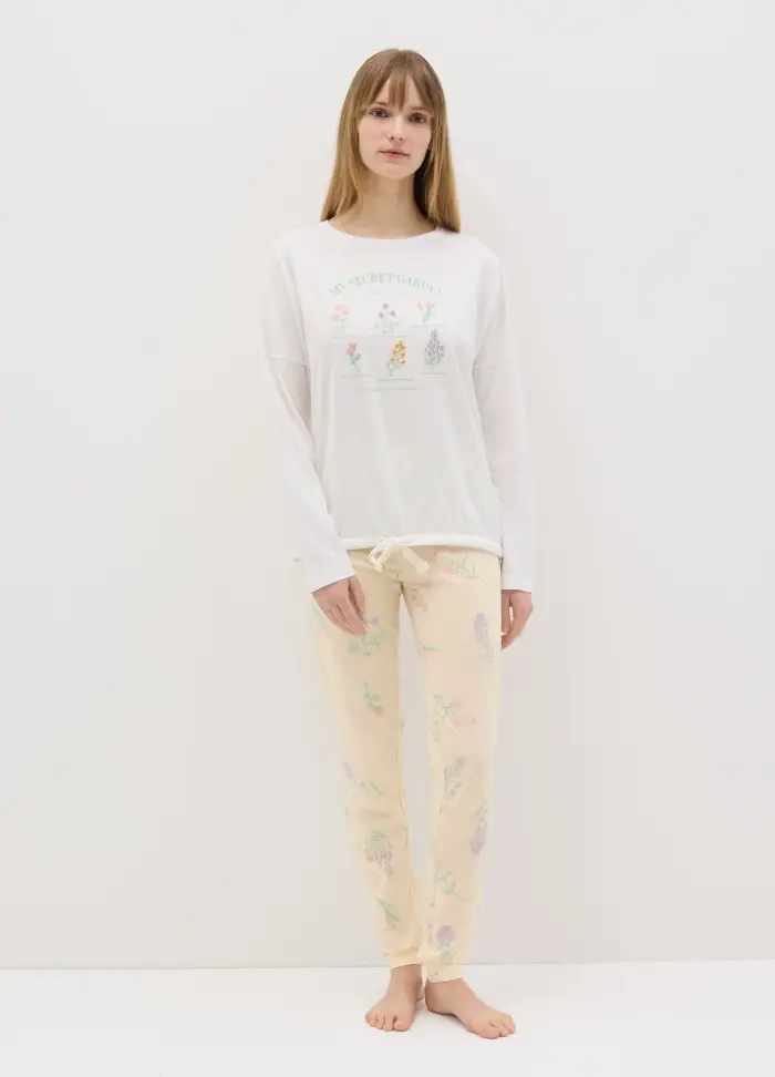 Pigiama Lungo Con Coulisse Stampa Fiori, Donna, Multicolor