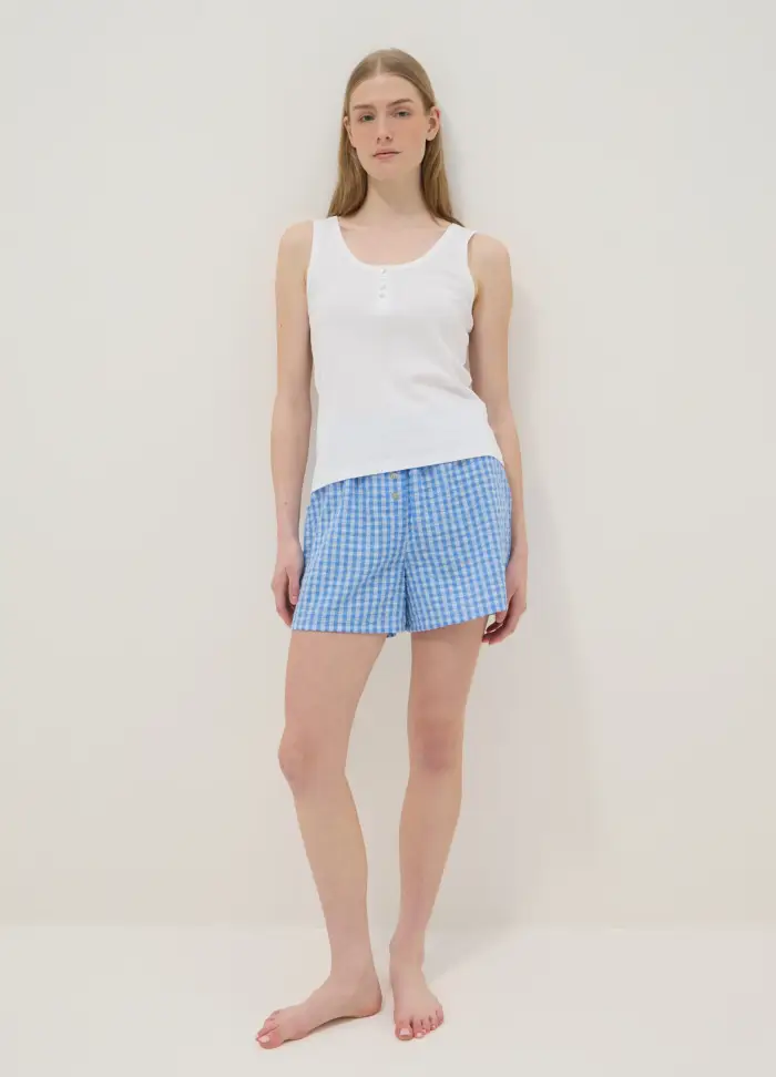 Shorts Pigiama In Puro Cotone A Quadri Bianchi E Azzurri Regular Fit, Donna, Multicolor