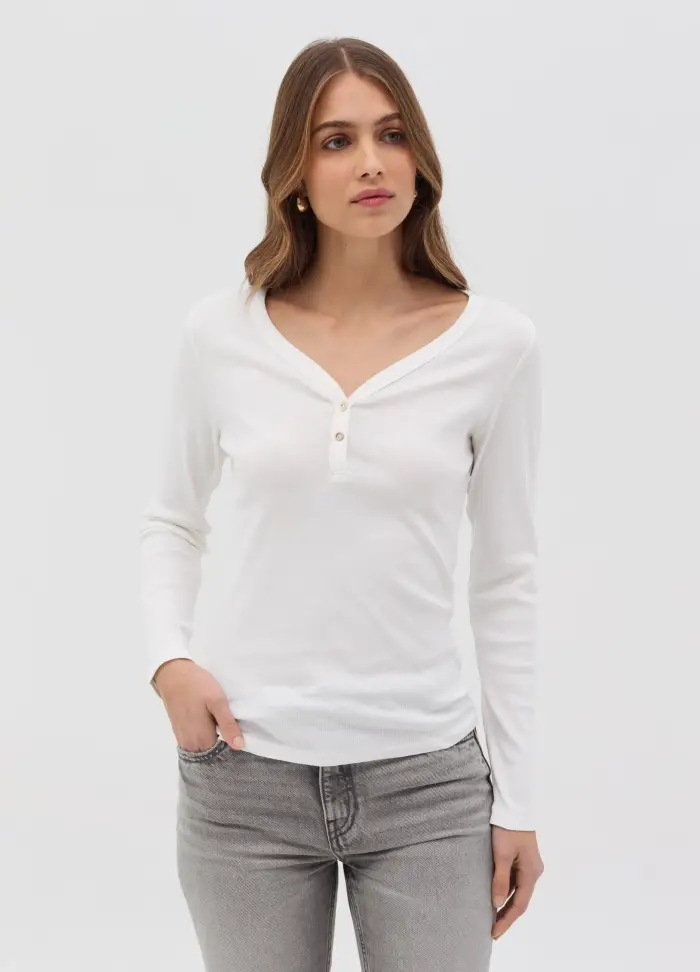 T-shirt A Costine Con Scollo Serafino, Donna, Bianco