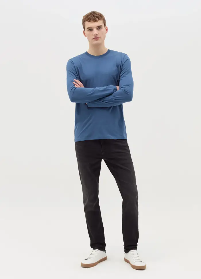 T-shirt Girocollo A Maniche Lunghe In Cotone, Uomo, Blu