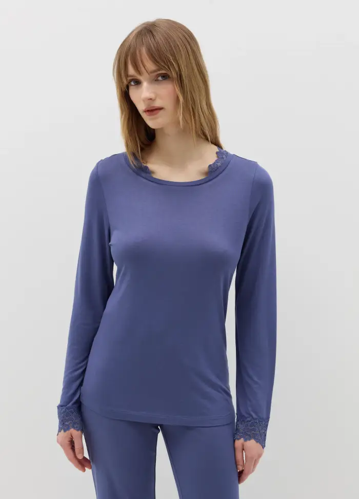 Top Pigiama Con Inserti In Pizzo, Donna, Blu