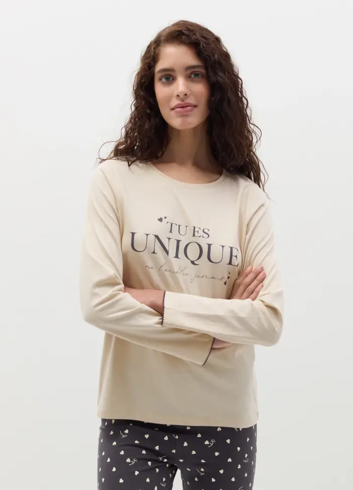 Top Pigiama Con Stampa "tu Es Unique", Donna, Beige