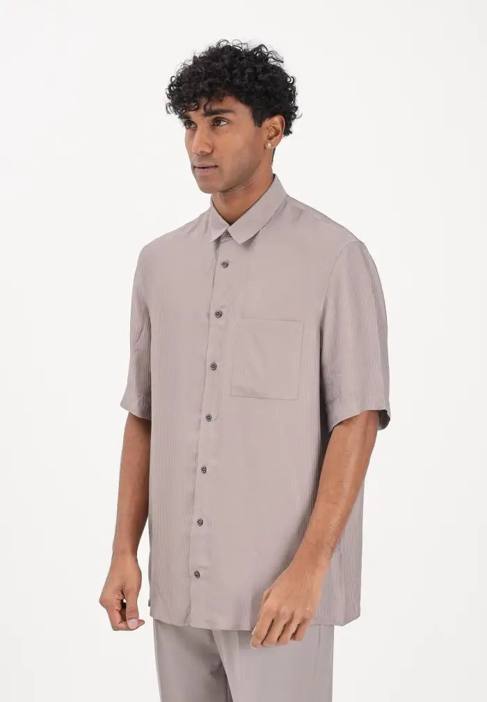 Camicia a manica corta fango da uomo in viscosa jacquard