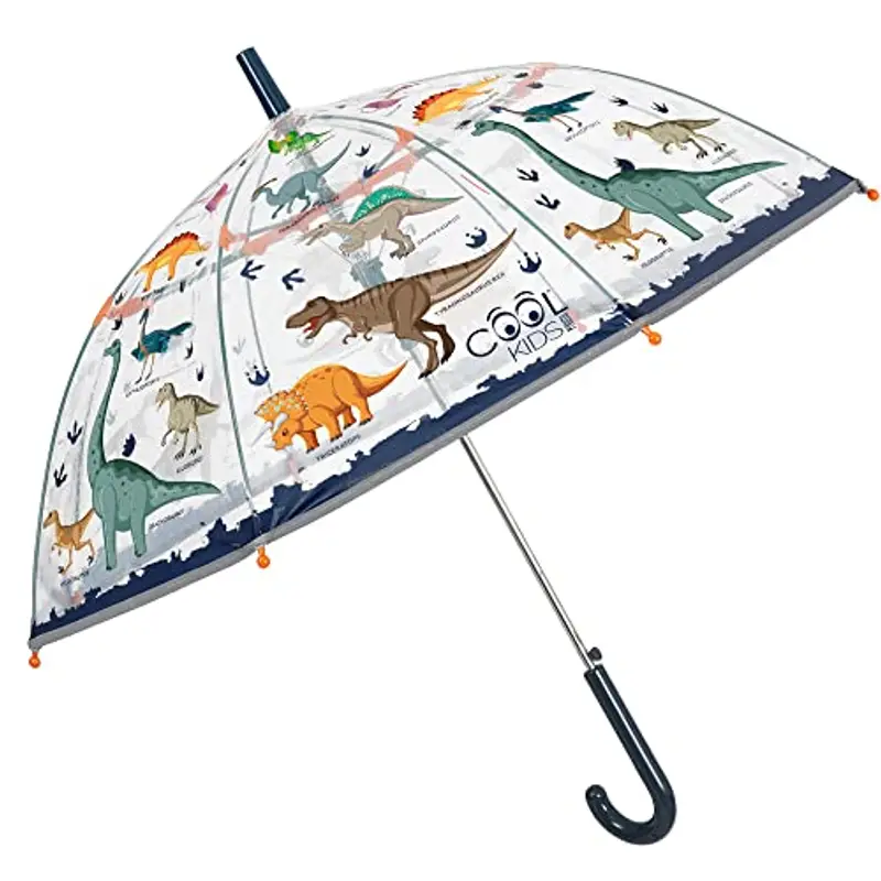 PERLETTI Ombrello Trasparente Bambino con Dinosauri - Ombrellino Automatico Antivento Bambini - Ombrello Bordo Blu