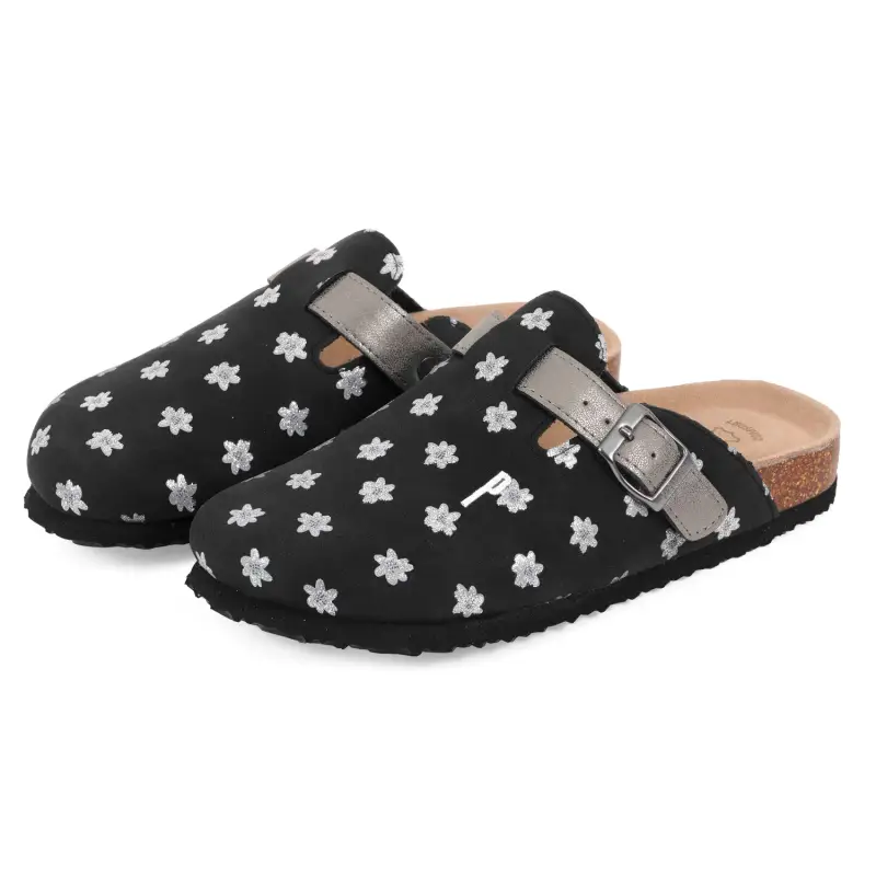 Perletti Pantofole Comfort Donna Fantasia Fiore Nero e Argento