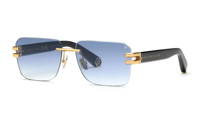 Philipp Plein Uomo SPP086M PLEIN PLEASURE 400 Occhiali da sole Metallo Oro Blu Squadrata Normale Sfumato