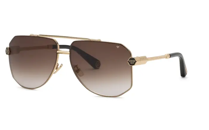 Philipp Plein Uomo SPP204 PLEIN ROYAL 301 Occhiali da sole Metallo Oro Marrone Geometrica Normale Sfumato