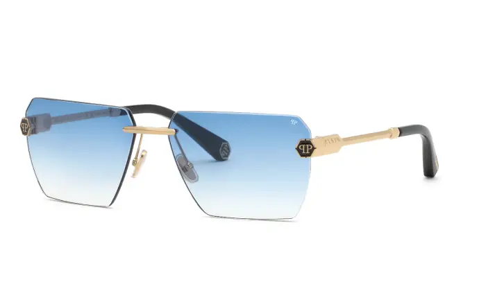 Philipp Plein Uomo SPP205 PLEIN ROYAL 301 Occhiali da sole Metallo Oro Blu Geometrica Normale Sfumato