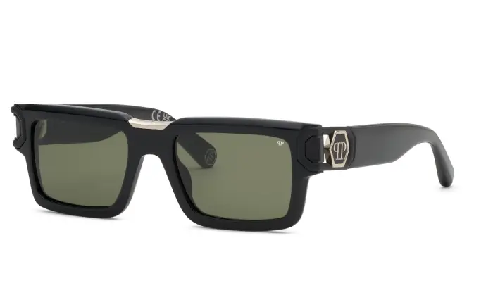 Philipp Plein Uomo SPP206M PLEIN HERA 700 Occhiali da sole Acetato Nero Verde Squadrata Normale
