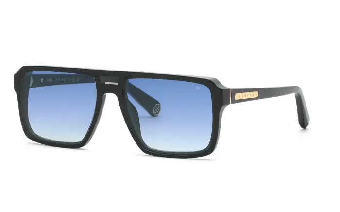 Philipp Plein Uomo SPP211 PLEIN ESSENTIAL 700 Occhiali da sole Acetato Nero Blu Squadrata Normale Sfumato