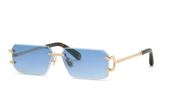 Philipp Plein Uomo SPP219M PLEIN SLEEK 300K Occhiali da sole Metallo Oro Blu Geometrica Normale Sfumato
