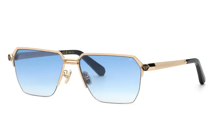 Philipp Plein Uomo SPP225M PLEIN ROYAL 300 Occhiali da sole Metallo Oro Blu Squadrata Normale Sfumato