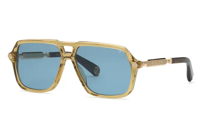 Philipp Plein Uomo SPP227 PLEIN HEXAGON STUD 06A9 Occhiali da sole Acetato Giallo Blu Geometrica Normale