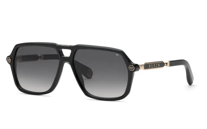 Philipp Plein Uomo SPP227 PLEIN HEXAGON STUD 700 Occhiali da sole Acetato Nero Fumo Geometrica Normale Sfumato