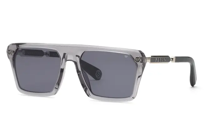 Philipp Plein Uomo SPP228 PLEIN HEXAGON STUD 09MB Occhiali da sole Acetato Grigio Fumo Squadrata Normale