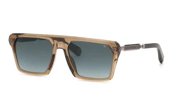 Philipp Plein Uomo SPP228 PLEIN HEXAGON STUD 09X8 Occhiali da sole Acetato Marrone Blu Squadrata Normale Sfumato