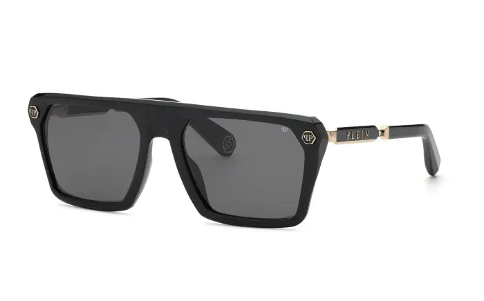 Philipp Plein Uomo SPP228 PLEIN HEXAGON STUD 700 Occhiali da sole Acetato Nero Fumo Squadrata Normale