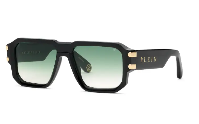 Philipp Plein Uomo SPP230 PLEIN EAGLE 700J Occhiali da sole Acetato Nero Verde Geometrica Normale Sfumato