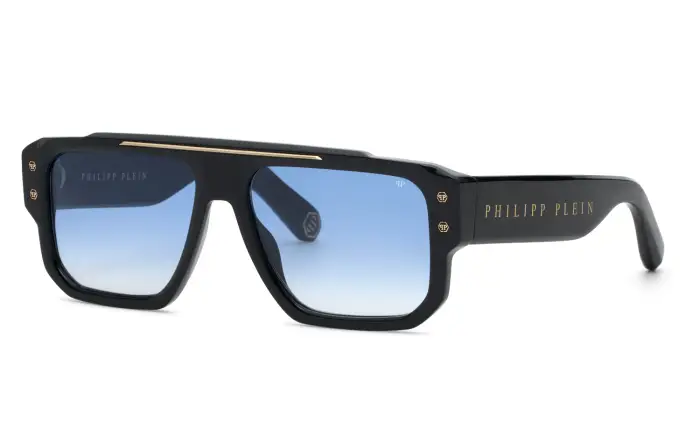 Philipp Plein Uomo SPP231 PLEIN STUD 700Y Occhiali da sole Acetato Nero Blu Geometrica Normale Sfumato