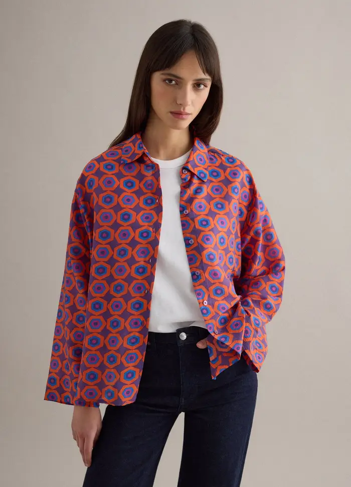 Camicia In Misto Lyocell Multicolor Regular Fit Con Fantasia Geometrica, Donna, Multicolor