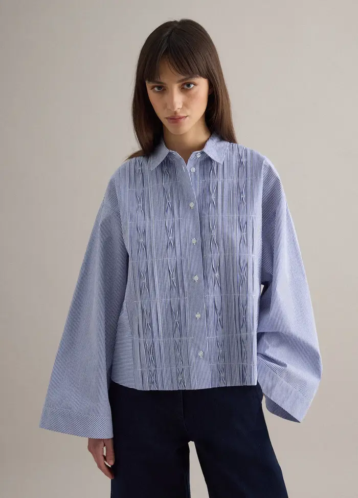 Camicia In Puro Cotone A Righe Multicolor Oversize Fit Con Pieghe, Donna, Multicolor