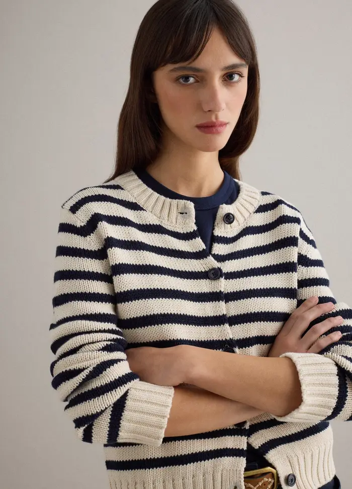 Cardigan A Righe Multicolor In Puro Cotone Regular Fit Con Bottoni, Donna, Multicolor