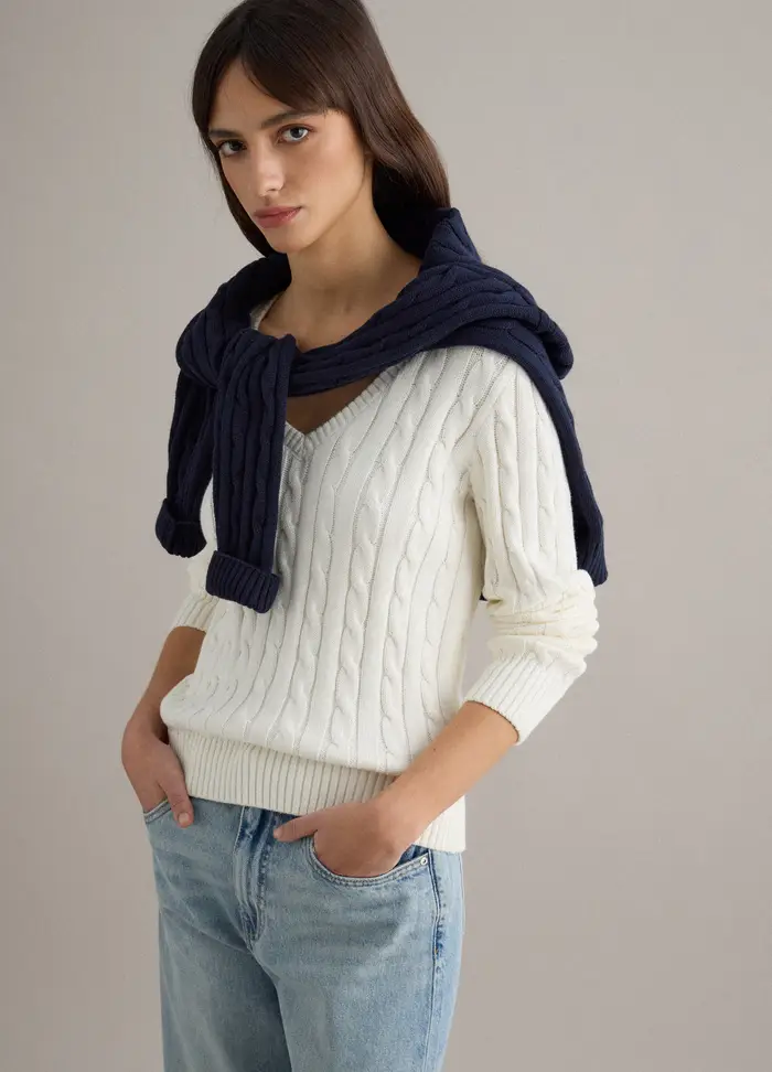 Pullover Bianco In Puro Cotone Regular Fit Con Lavorazione A Treccia, Donna, Bianco