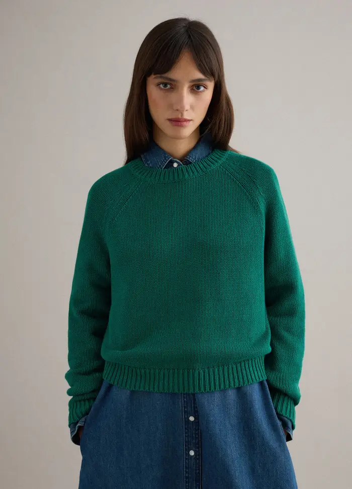 Pullover Girocollo Verde In Puro Cotone Regular Fit, Donna, Verde
