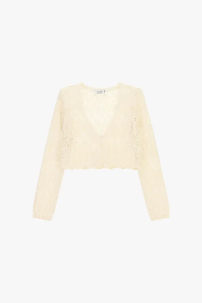 Please Cardigan traforato corto con maniche lunghe Ecru
