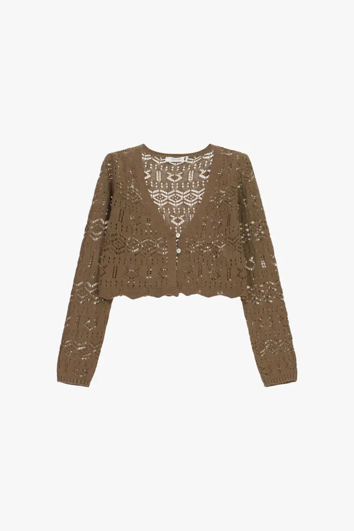 Please Cardigan traforato corto con maniche lunghe Nocciola