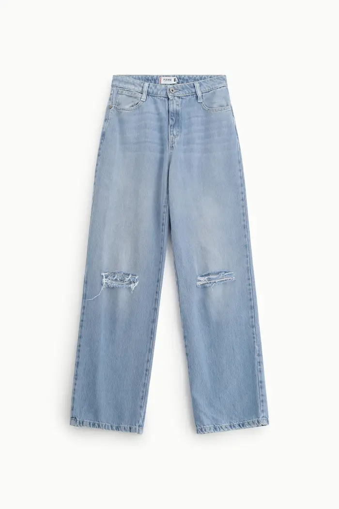 Jeans a gamba ampia con strappi al ginocchio Blu denim