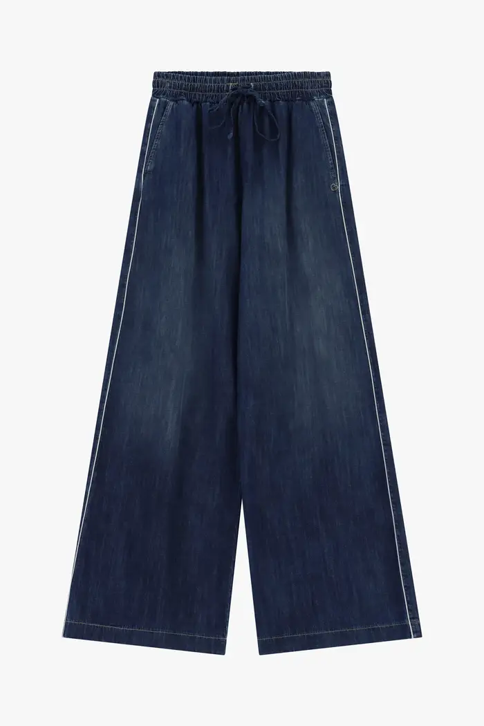 Please Jeans wide leg con elastico e coulisse in vita Blu denim