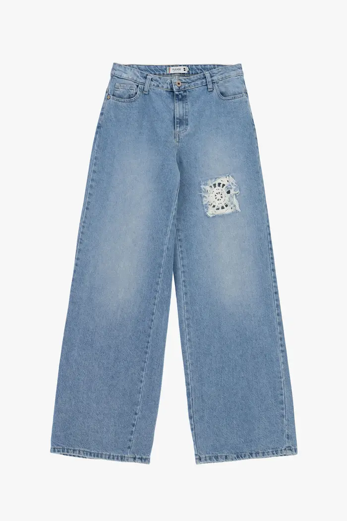 Jeans wide leg con toppa traforata Blu denim