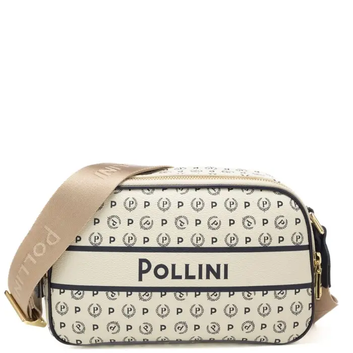 Pollini borsa a tracolla da donna con pattern logo all over e manico in nylon jacquard avorio blu