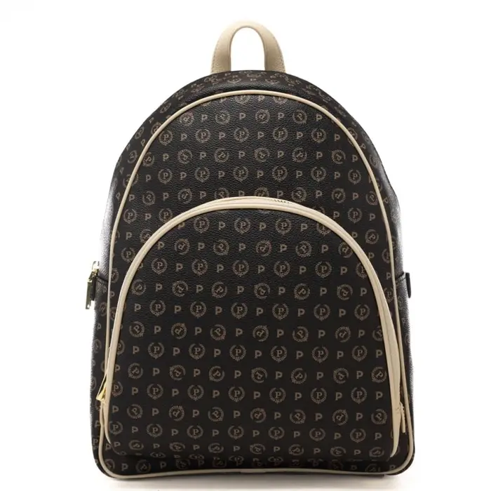 Pollini zaino da donna con stampa pattern heritage e tasca esterna con zip nero avorio