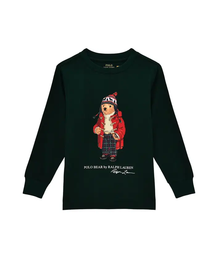 T-shirt Ralph Lauren verde in cotone con maxi stampa orsetto e maniche lunghe