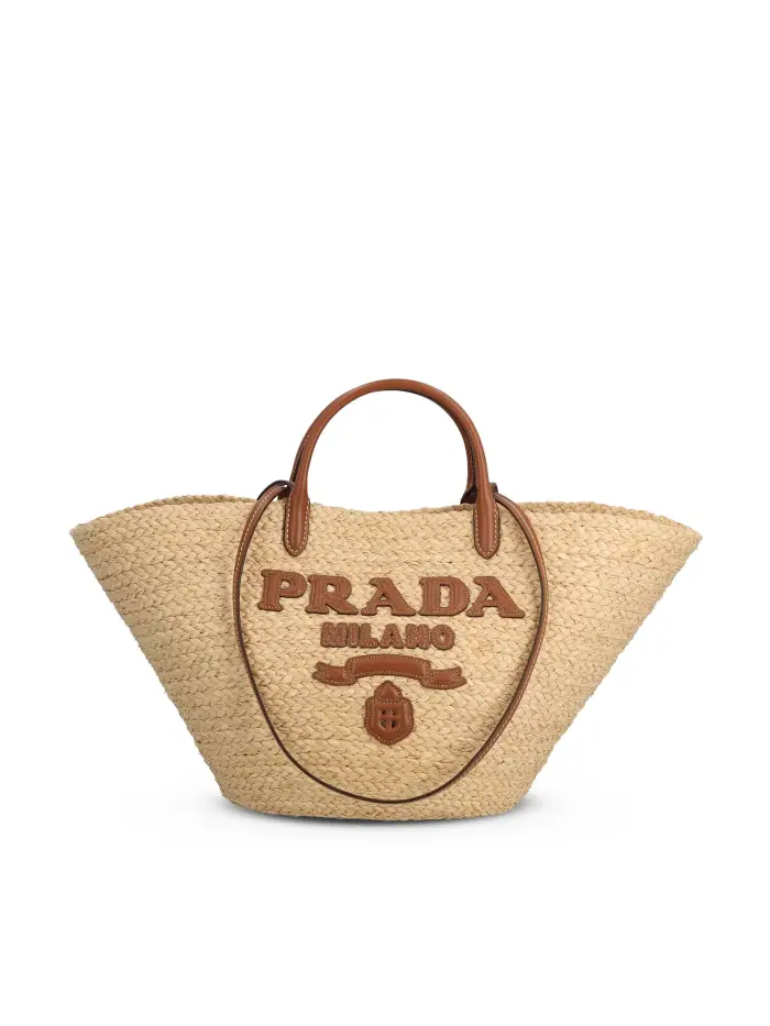 PRADA Borsa Shopping Large In Rafia E Pelle BEIGE