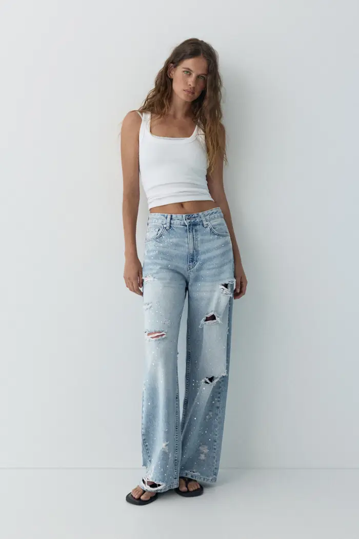 Pull&Bear Jeans Baggy Strappati Con Brillantini Azzurro chiaro