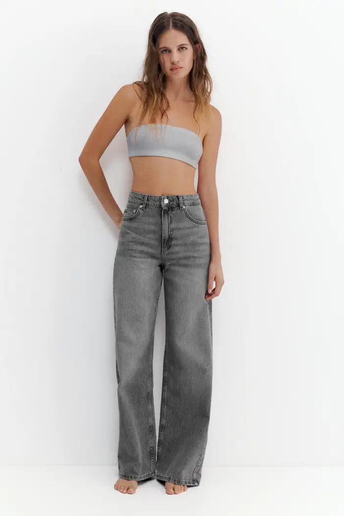 Pull&Bear Jeans Gamba Larga Vita Alta Grigio medio