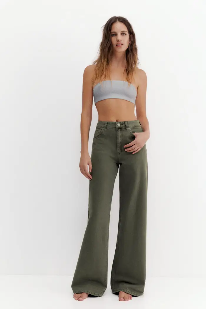 Pull&Bear Jeans Gamba Larga Vita Alta Kaki