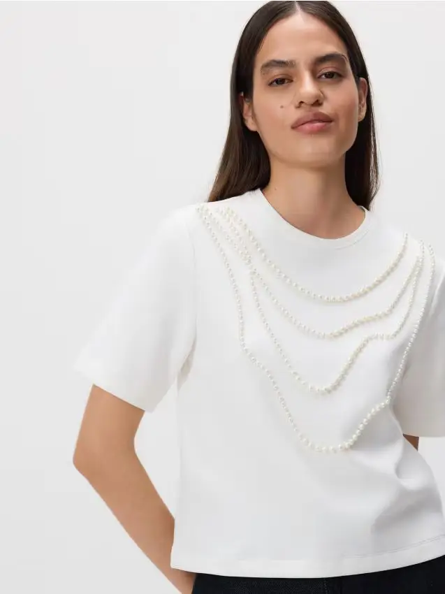 T-shirt con perle finte - panna