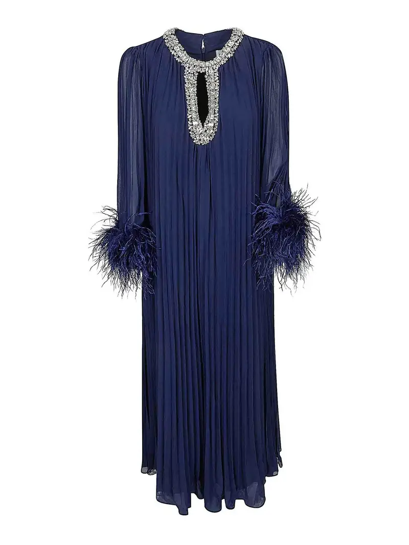 Self Portrait Abito midi in piume di chiffon blu scuro