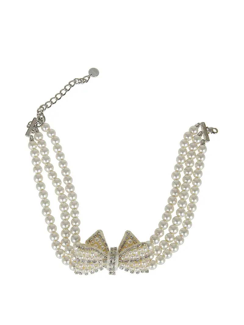 Self Portrait Collana con fiocco in raso di perle Crema