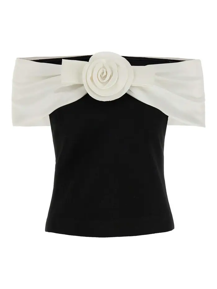 Self Portrait Top a fiori in crÃªpe nero Bianco
